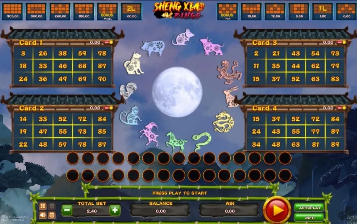 หน้าเกม Sheng Xiao Bingo แสดงสัตว์จักรราศีจีนและโทนสีมงคล