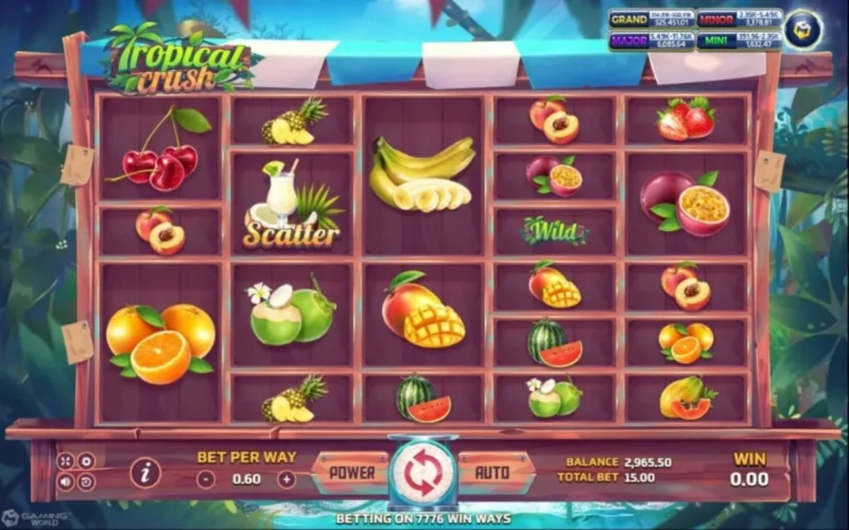 หน้าเกม Tropical Crush แสดงผลไม้เขตร้อนและสีสันสดใส