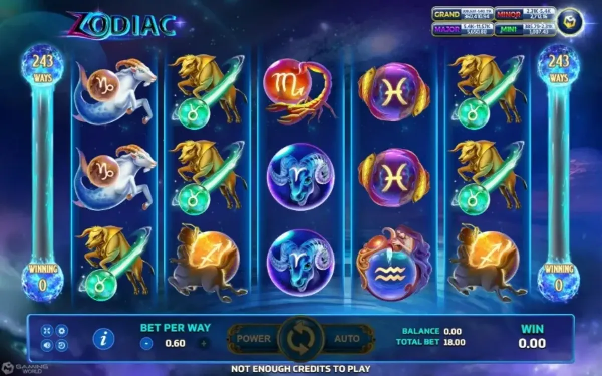 หน้าเกม Zodiac แสดงสัญลักษณ์จักรราศีและวงล้อดาว