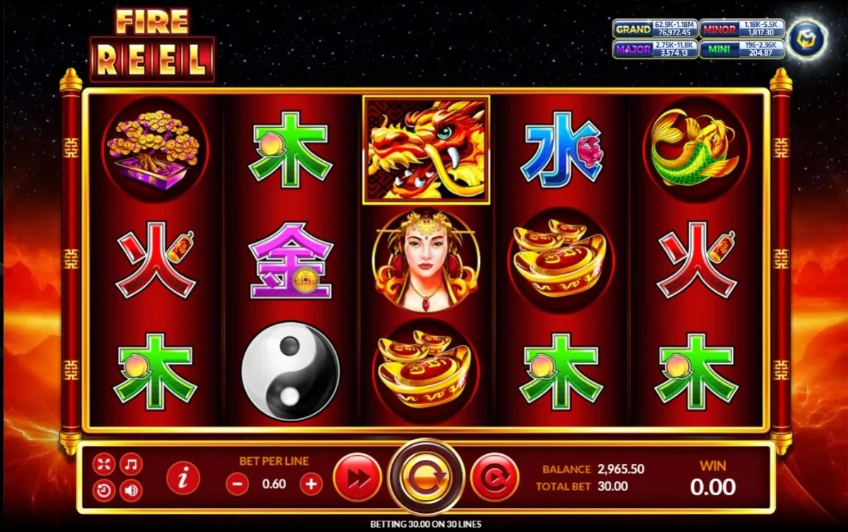ภาพรวมเกมสล็อต Fire Reel ค่าย SLOTXO ธีมเปลวไฟบนวงล้อเกม