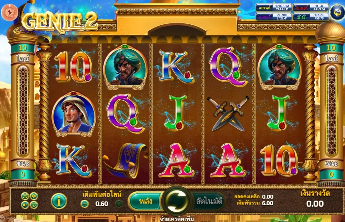 ภาพรวมเกมสล็อต Genie 2 ค่าย SLOTXO ธีมตะเกียงวิเศษและโลกอาหรับบนวงล้อ