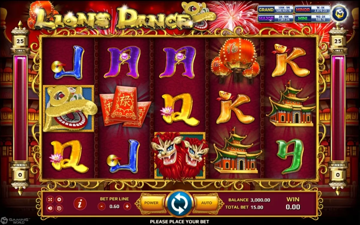 ภาพรวมเกมสล็อต Lions Dance ค่าย SLOTXO ธีมเชิดสิงโตและเทศกาลจีนบนวงล้อ