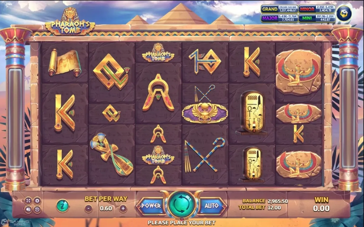 ภาพรวมเกมสล็อต Pharaohs Tomb ค่าย SLOTXO ธีมสุสานฟาโรห์และอียิปต์โบราณบนวงล้อ