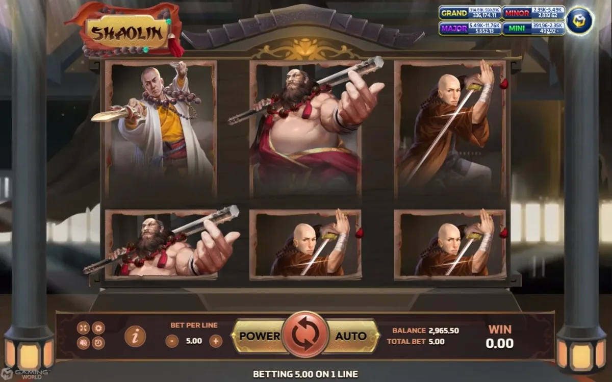 ภาพรวมเกมสล็อต Shaolin ค่าย SLOTXO ธีมวัดเส้าหลินและศิลปะการต่อสู้บนวงล้อ