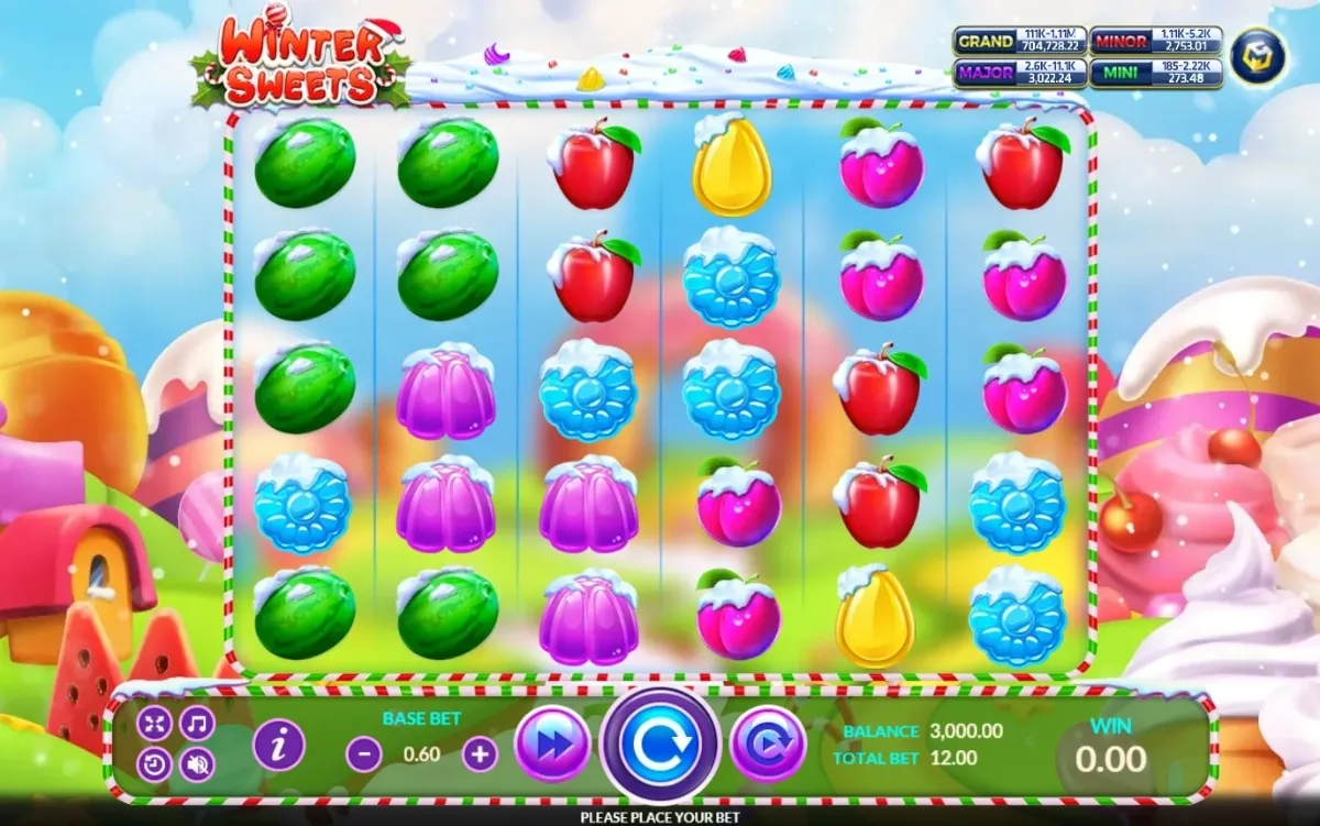 ภาพรวมเกมสล็อต Winter Sweets ค่าย SLOTXO ธีมขนมหวานฤดูหนาวบนวงล้อสีสันสดใส