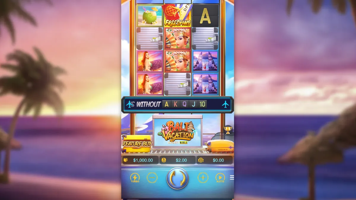 ภาพหน้าเกม Bali Vacation Infinity Reels จาก PGSLOT โทนทะเลเขตร้อนและตัวคูณรีลต่อเนื่อง