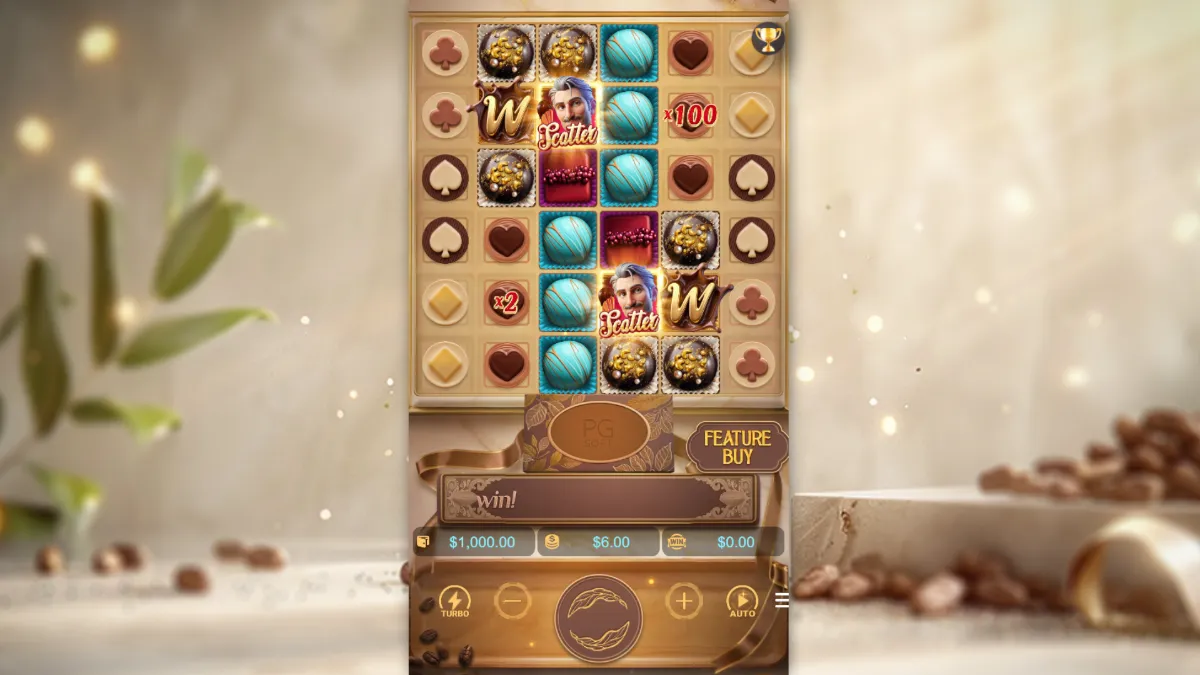หน้าเกม Chocolate Deluxe PGSLOT แสดงรีลสล็อตธีมขนมหวาน ช็อกโกแลต และลูกกวาดในบรรยากาศแฟนตาซี