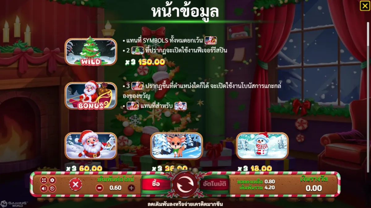 เกมสล็อต SLOTXO Christmas Eve ภาพภายในเกม กราฟิกการเล่นจริง ธีมคริสต์มาสและสัญลักษณ์เทศกาล