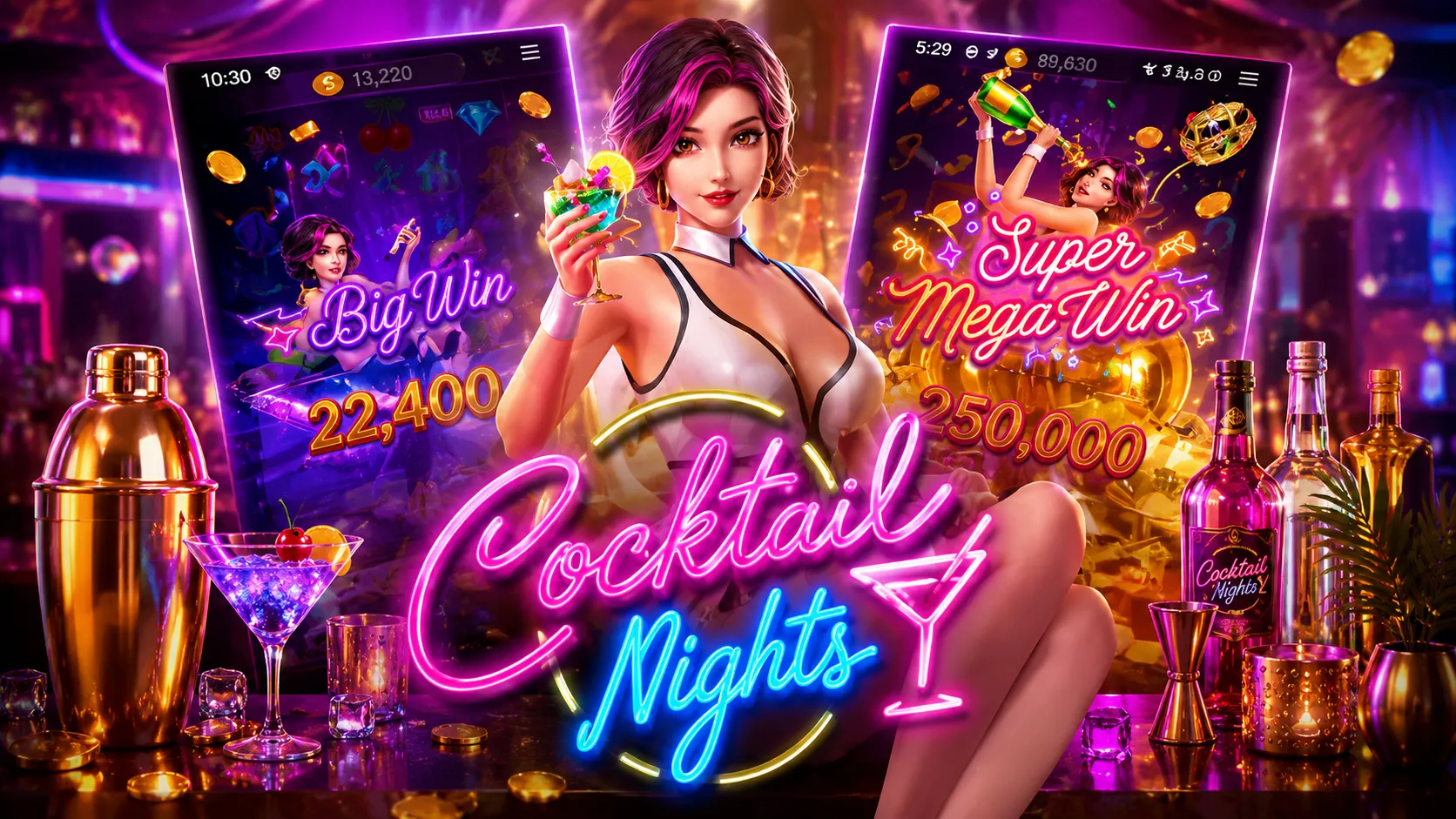 หน้าเกม Cocktail Nights PGSLOT พร้อมสัญลักษณ์เครื่องดื่มและระบบ Wild