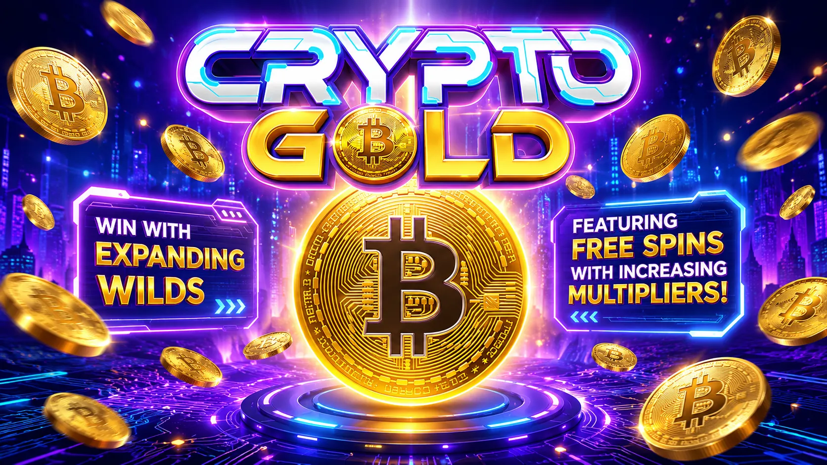 ภาพหน้าเกม Crypto Gold PGSLOT ธีมทองคำและสินทรัพย์ดิจิทัลบนตารางสล็อต