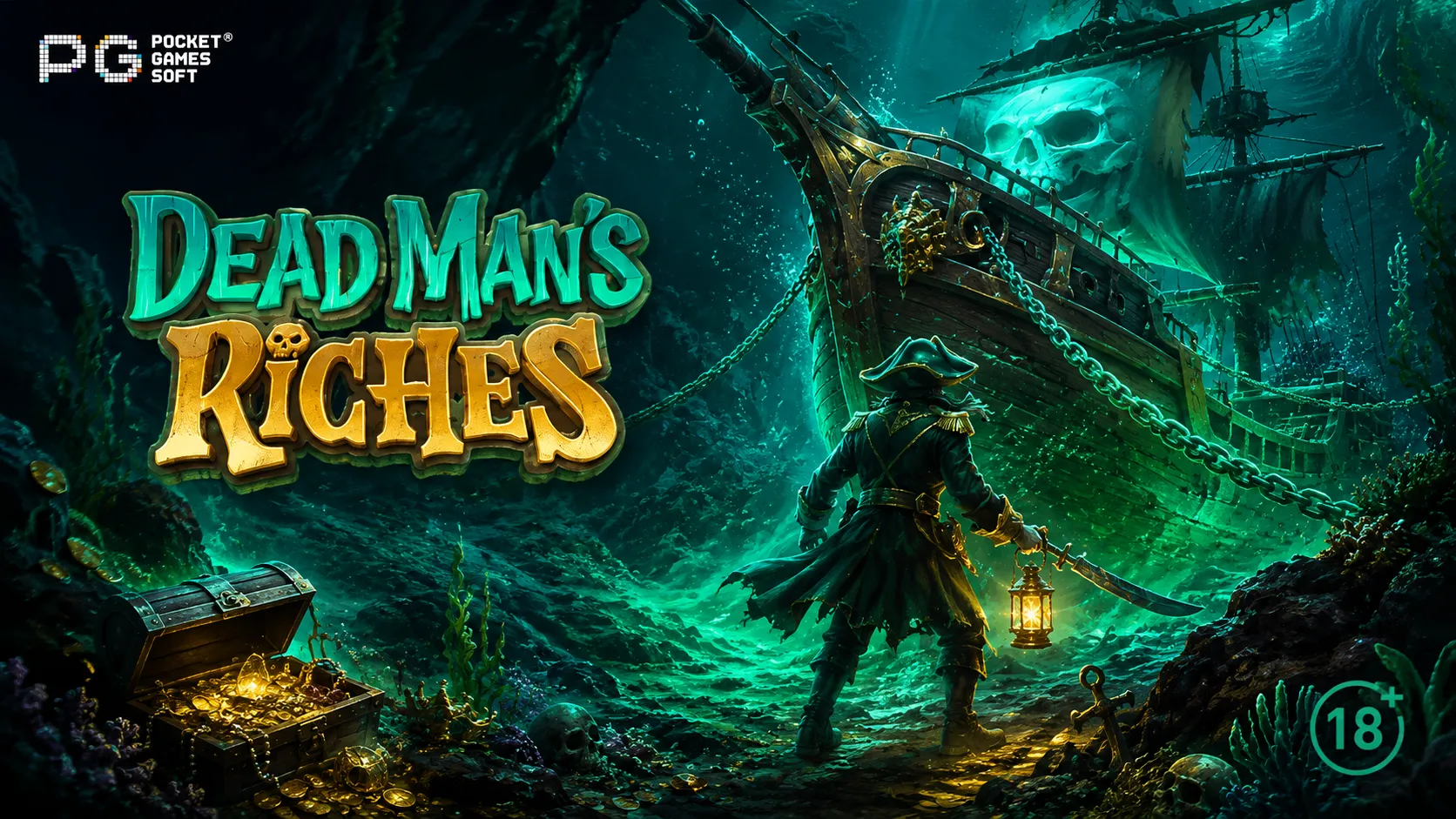 Dead Man's Riches PGSLOT ภาพกัปตันโจรสลัดและหีบสมบัติทองคำกลางมหาสมุทรลึกลับ