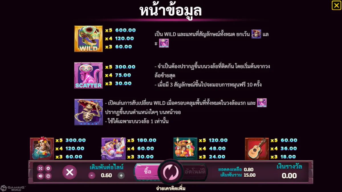 เกมสล็อต SLOTXO Dia De Los Muertos Deluxe ภาพภายในเกม กราฟิกการเล่นจริง ธีมเทศกาลวันแห่งความตายและสัญลักษณ์