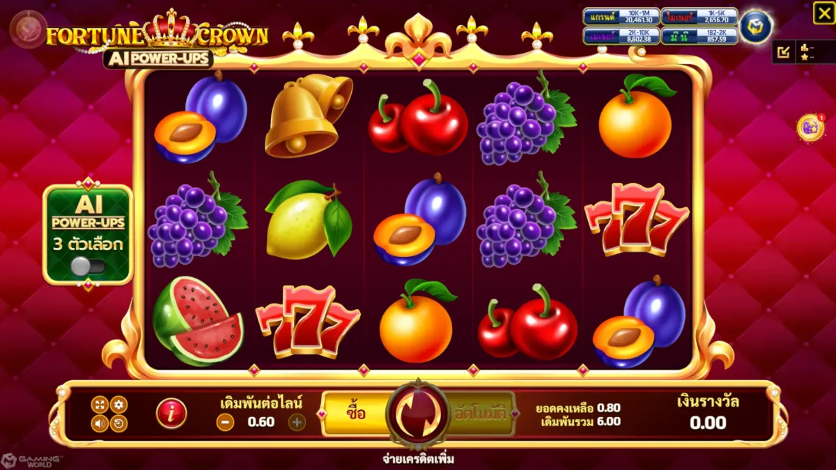รีวิวสล็อต Fortune Crown AI SLOTXO ฟีเจอร์โบนัส ฟรีสปิน ตัวคูณรางวัล และระบบ AI แตกบ่อย