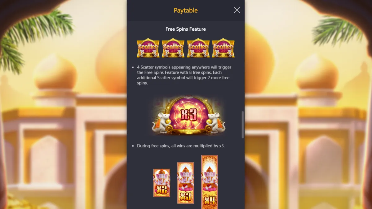 หน้าจอเกม Ganesha Fortune สล็อต PG SLOT ระบบชนะหลายวิธีและ Cascading Reels
