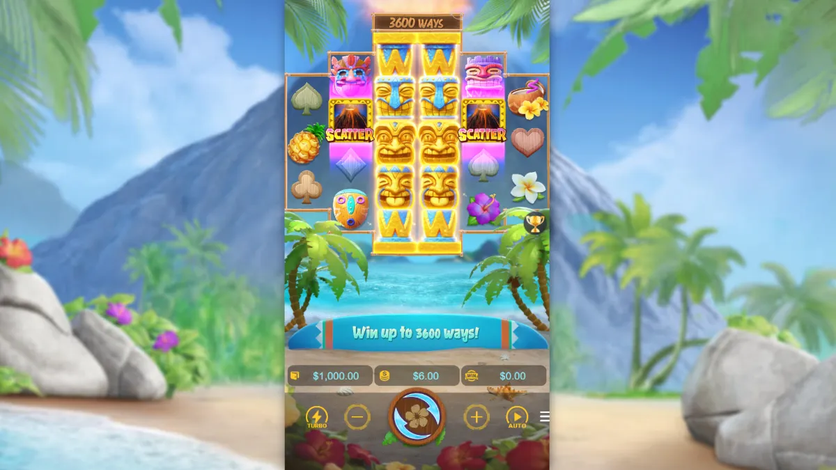 Hawaiian Tiki PGSLOT รีลผลไม้เมืองร้อนและสัญลักษณ์ทีกิ