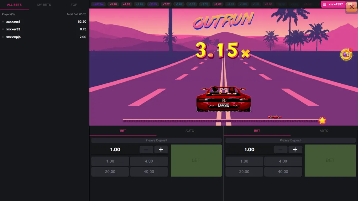 เกมสล็อต SLOTXO Out Run ภาพภายในเกม กราฟิกการเล่นจริง ธีมรถแข่งและสัญลักษณ์ภายในเกม