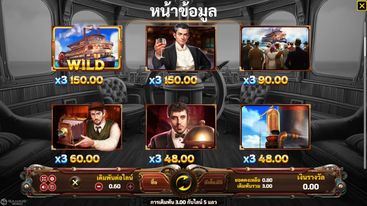 เกมสล็อต SLOTXO Steamboat Ride Hold and Win ภาพภายในเกม กราฟิกการเล่นจริง ธีมเรือกลไฟและสัญลักษณ์ภายในเกม