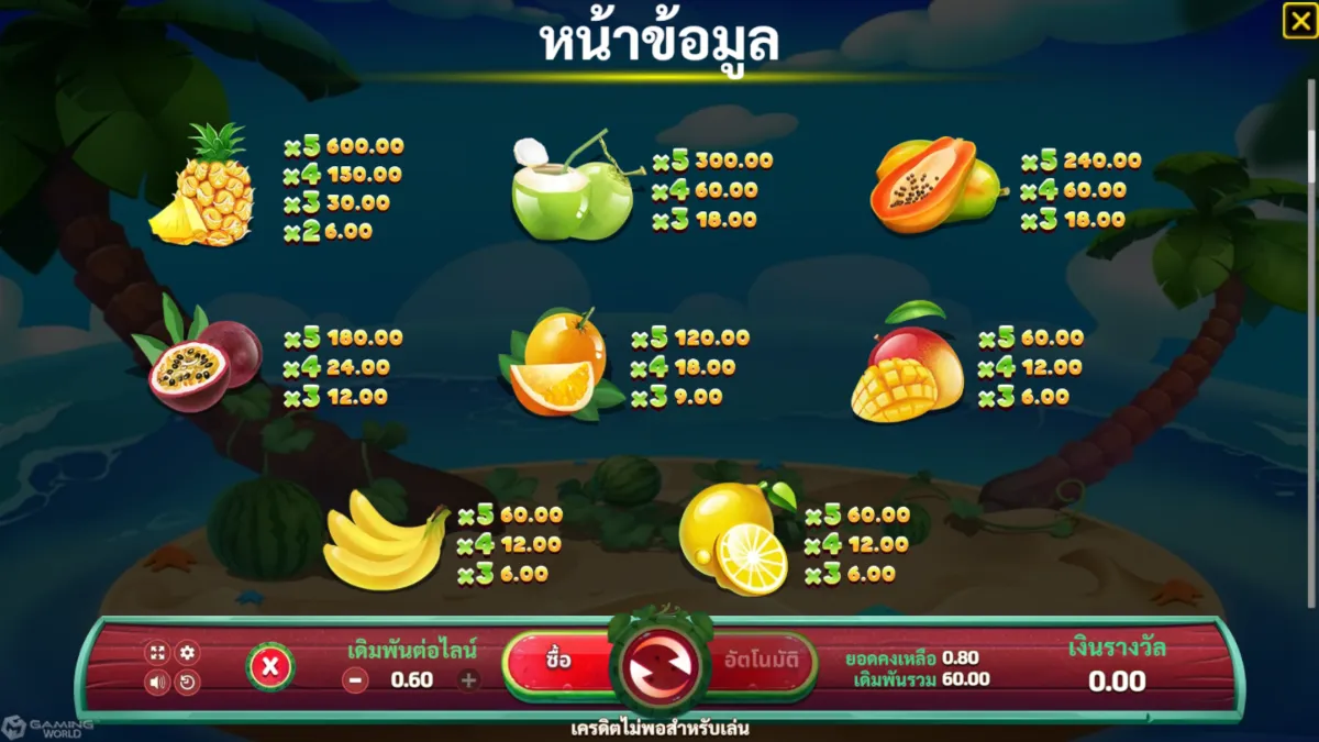 เกมสล็อต SLOTXO Super Wild Watermelon ภาพภายในเกม กราฟิกการเล่นจริง ธีมผลไม้และสัญลักษณ์แตงโม