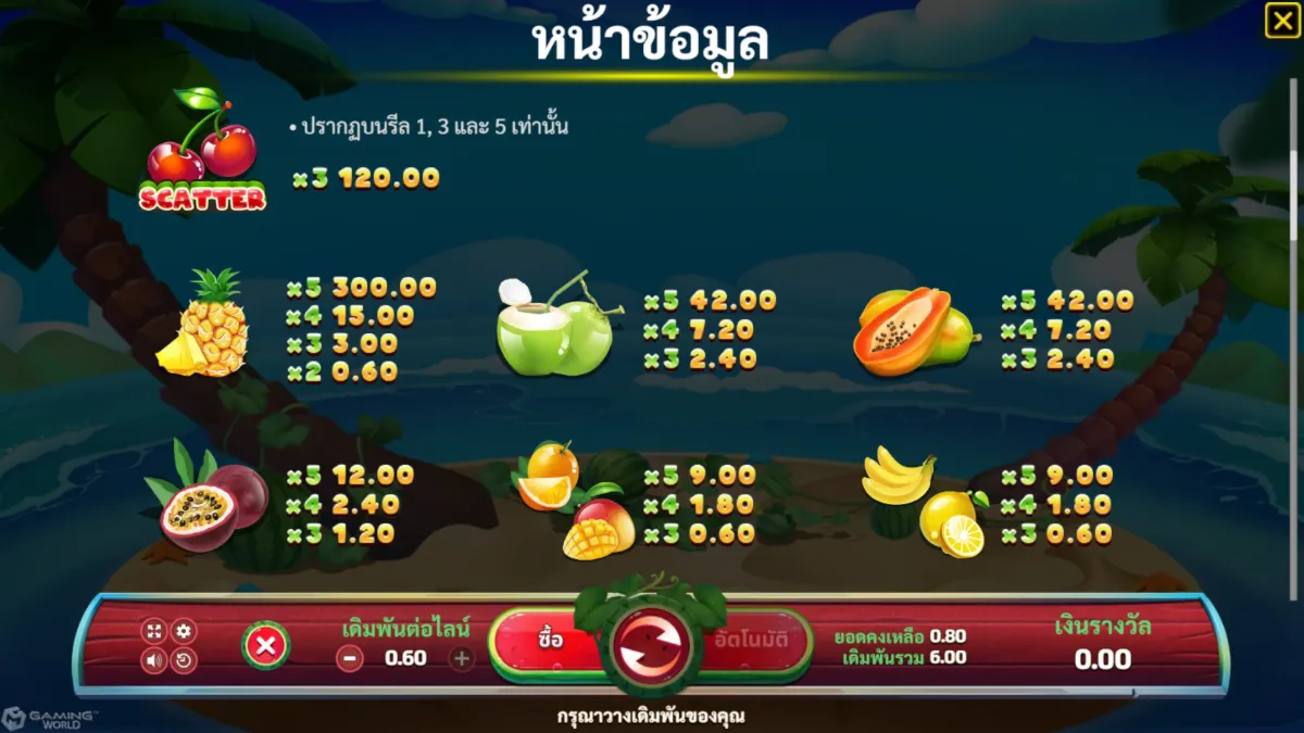 เกมสล็อต SLOTXO Wild Watermelon ภาพภายในเกม กราฟิกการเล่นจริง ธีมผลไม้และสัญลักษณ์แตงโม