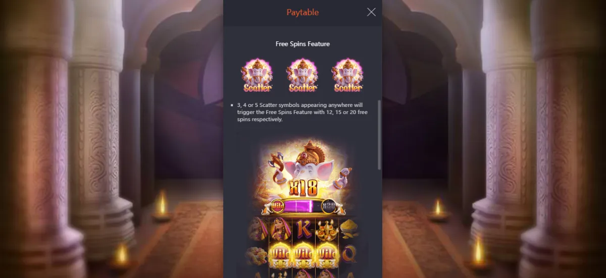 Ganesha Gold PGSLOT ฟีเจอร์ฟรีสปินและตัวคูณรางวัล