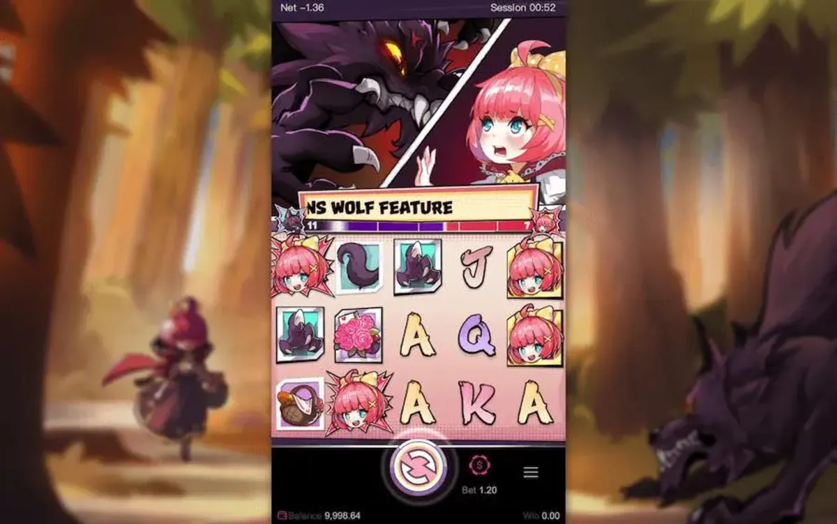 หน้าเกม Hood vs Wolf พร้อมวงล้อและเอฟเฟกต์ป่าเวทมนตร์