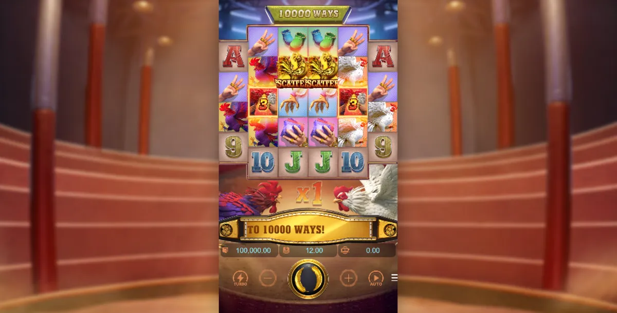 วงล้อเกมสล็อต Rooster Rumble ธีมไก่ชน