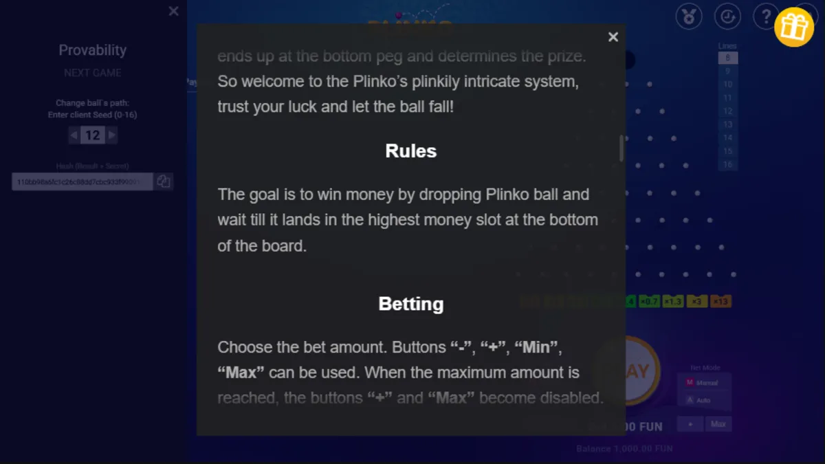 เกมสล็อต SLOTXO Plinko ภาพภายในเกม กราฟิกการเล่นจริง ระบบโยนลูกบอลและช่องรับรางวัล