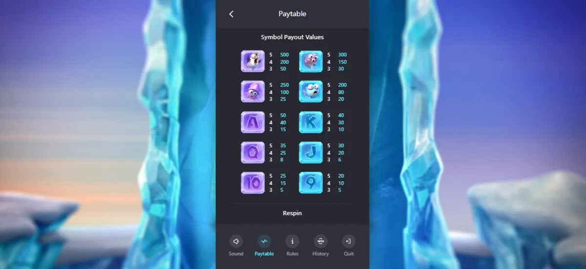 สัญลักษณ์สัตว์หิมะและคริสตัลใน The Great Icescape PG SLOT