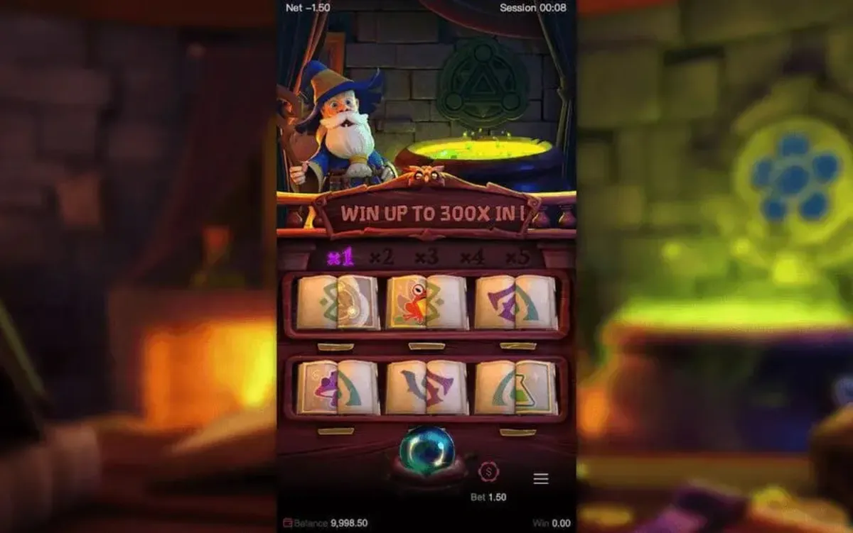 วงล้อเกมสล็อต Wizdom Wonders ธีมพ่อมดแฟนตาซี