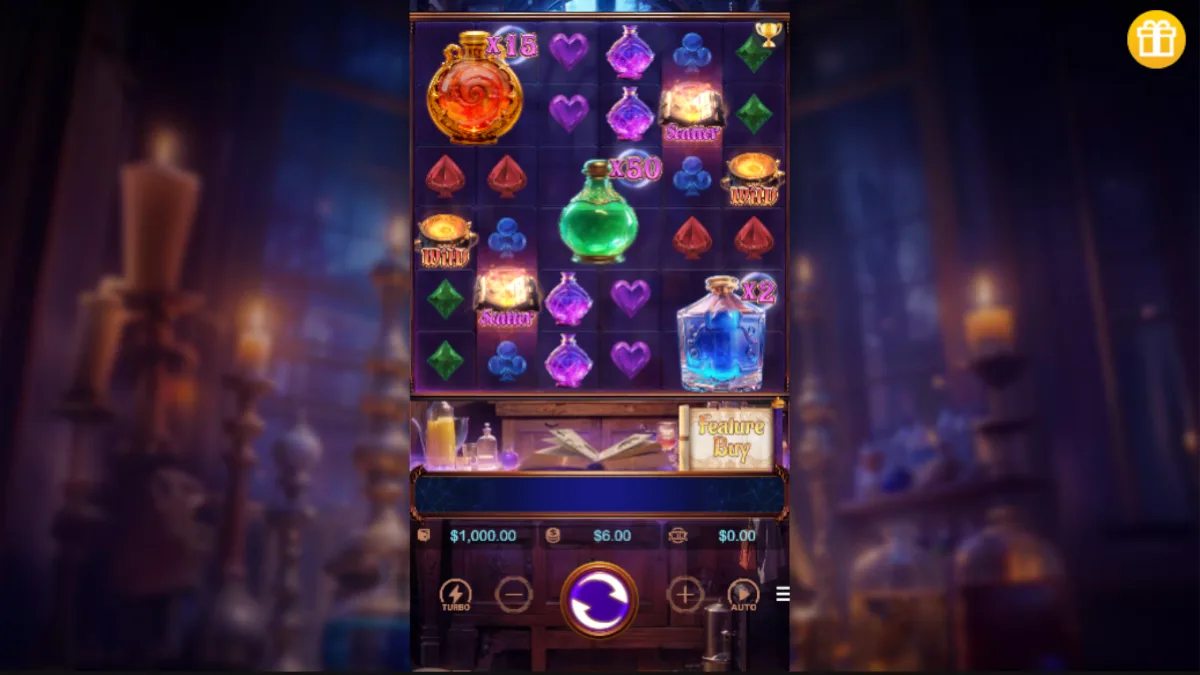 หน้าเกม Mystic Potion PGSLOT พร้อมวงล้อสล็อตธีมนักเล่นแร่แปรธาตุและโลกเวทมนตร์