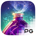 ไอคอนเกม Mystic Potion PGSLOT แสดงขวดยาวิเศษ หนังสือคาถา และสัญลักษณ์เวทมนตร์โบราณ
