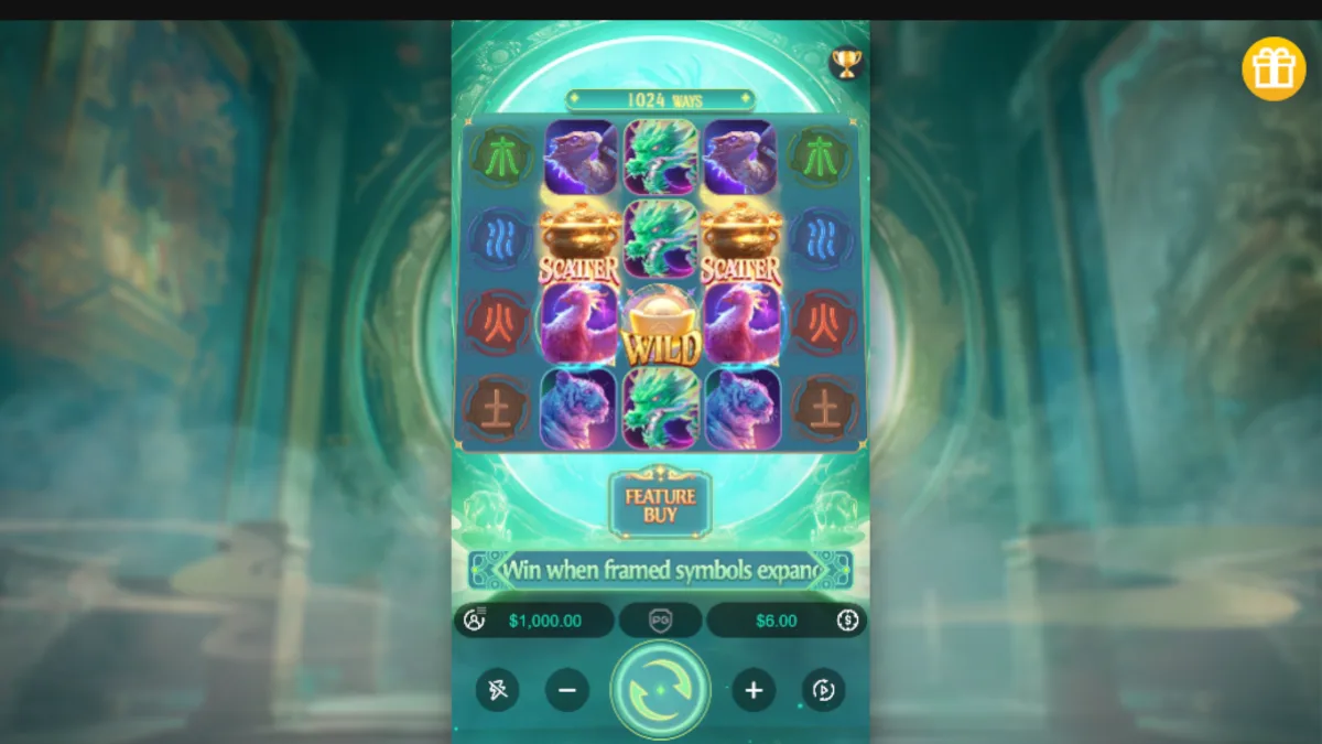 ไอคอนเกม Mythical Guardians PGSLOT แสดงผู้พิทักษ์ศักดิ์สิทธิ์ มังกร และสัญลักษณ์พลังโบราณ