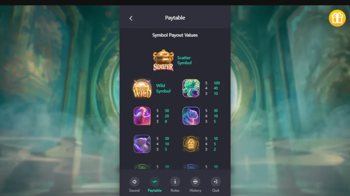 หน้าเกม Mythical Guardians PGSLOT พร้อมวงล้อสล็อตธีมสัตว์ในตำนานและอาณาจักรแฟนตาซี