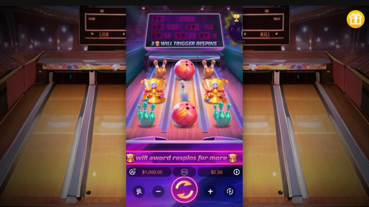 หน้าเกม Perfect Strike PGSLOT พร้อมวงล้อสล็อตธีมโบว์ลิ่งและกราฟิกสไตล์การแข่งขัน