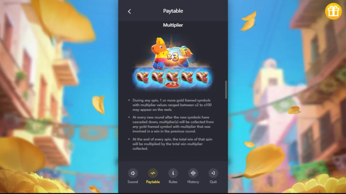 หน้าจอ Pinata Wins PGSLOT แสดงพินาต้าขนาดใหญ่ รางวัลพิเศษ และกราฟิกแฟนตาซีสดใส