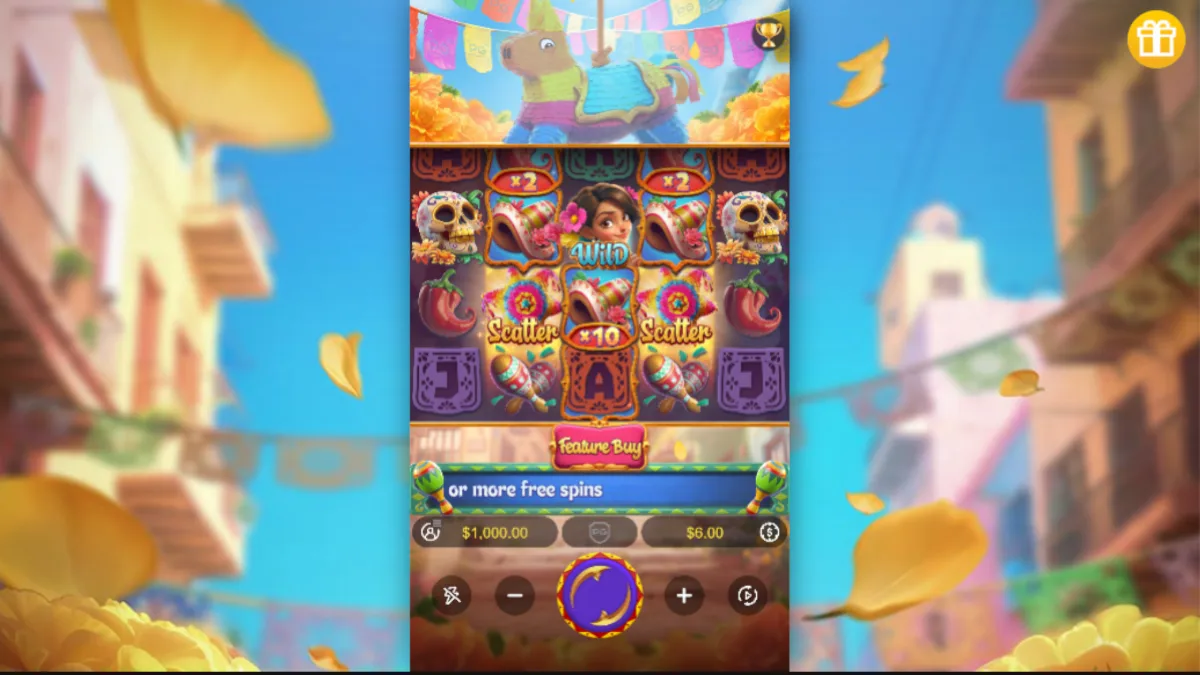 หน้าเกม Pinata Wins PGSLOT พร้อมวงล้อสล็อตธีมงานเฉลิมฉลองและกราฟิกสีสันสดใส