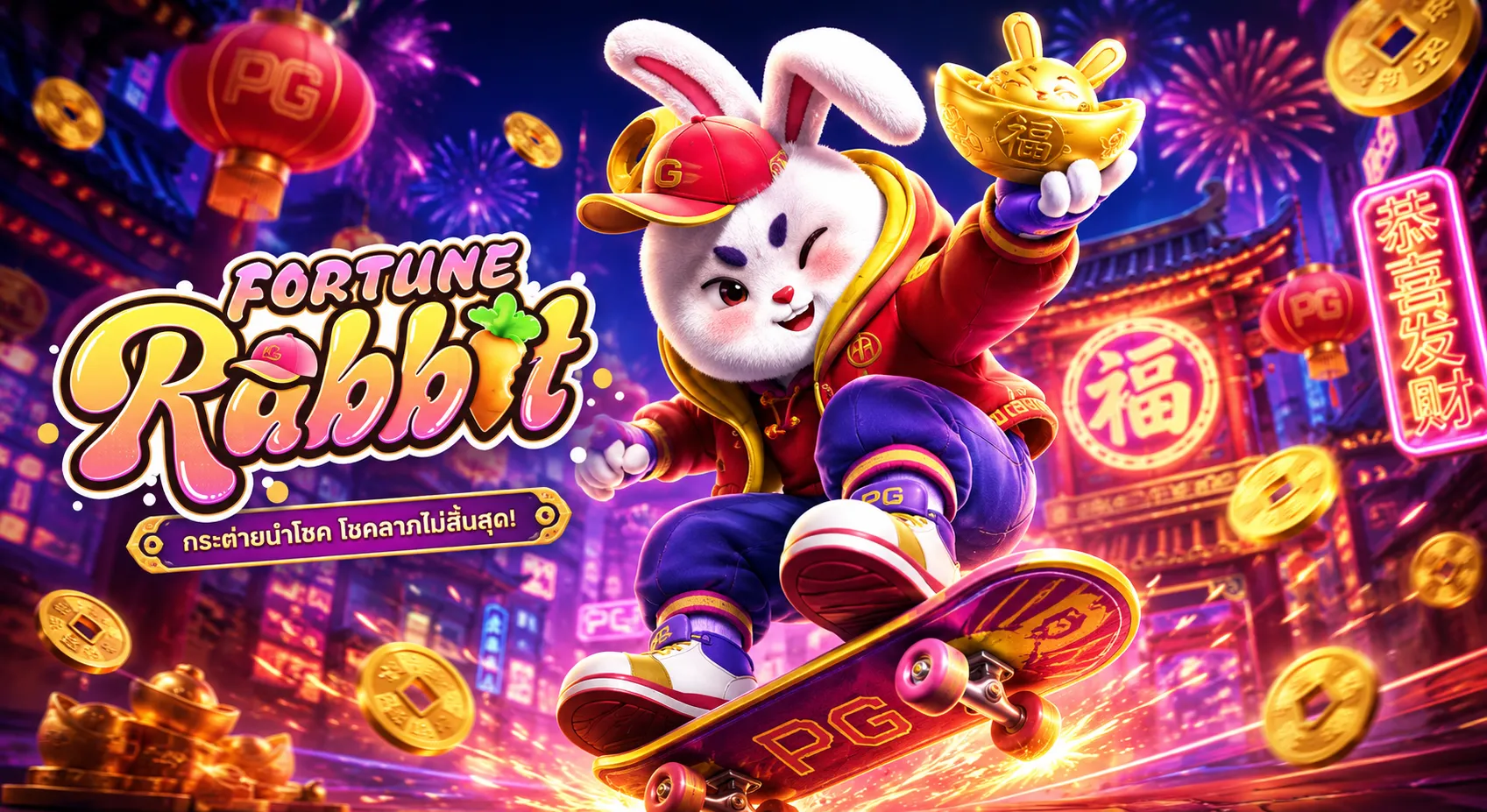 Fortune Rabbit PGSLOT กระต่ายนำโชคสไตล์นีออนพร้อมเหรียญทองและฉากเมืองยามค่ำคืน