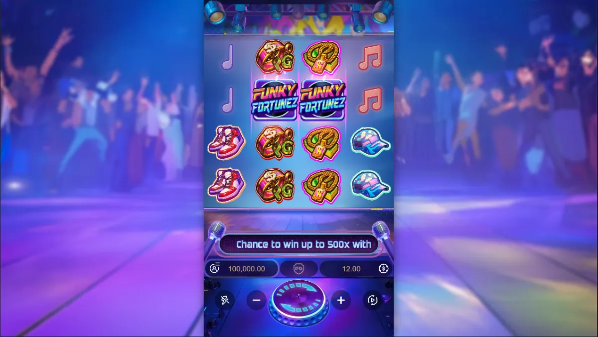 ชุดสัญลักษณ์ชนะรางวัลใน Funky Fortunez PG SLOT ท่ามกลางกราฟิกสีสันโดดเด่น