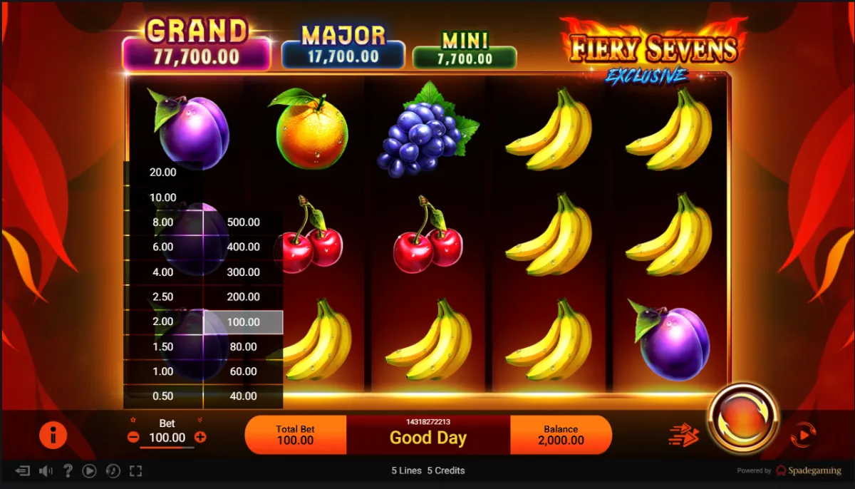 Fiery Sevens Exclusive สล็อตผลไม้คลาสสิกจาก Spadegaming พร้อมสัญลักษณ์เลข 7 นำโชค