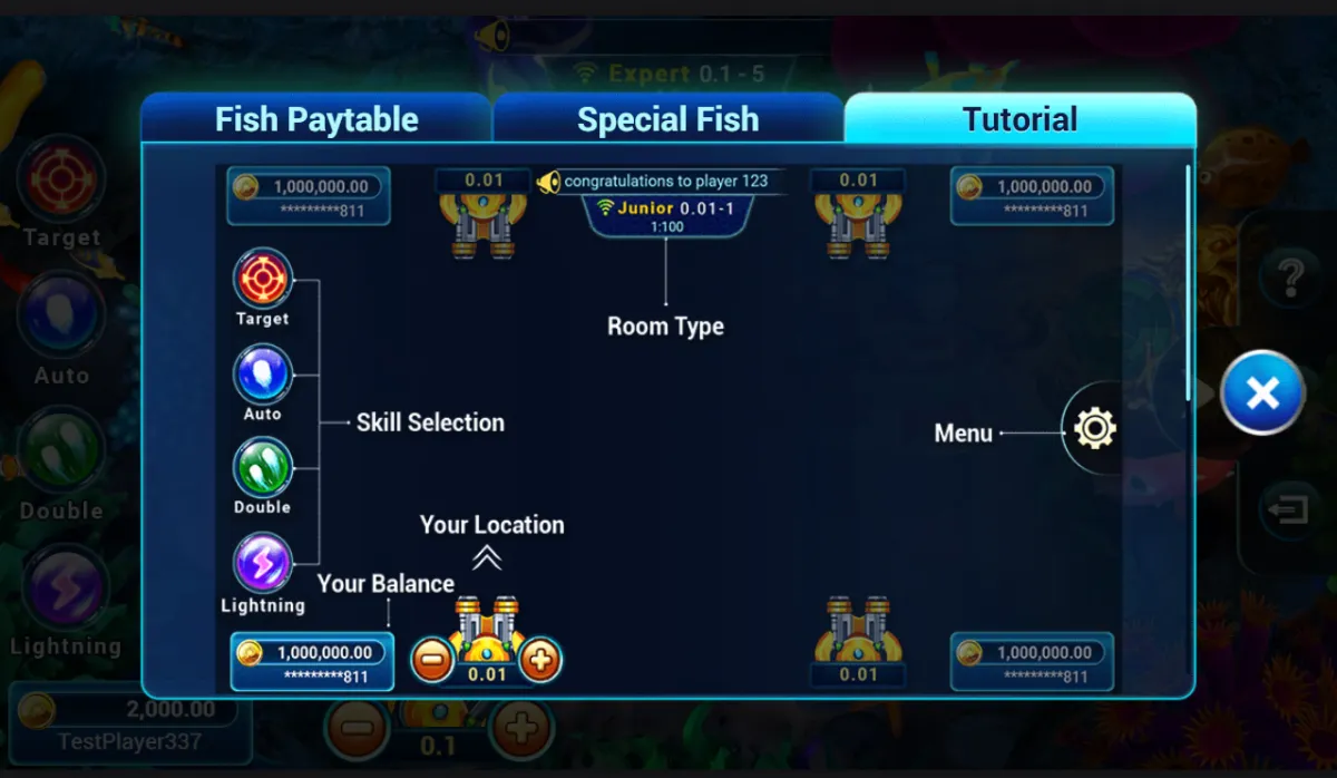 เกม Fishing War แสดง Double Cannon ปลาพิเศษ และตัวคูณรางวัล