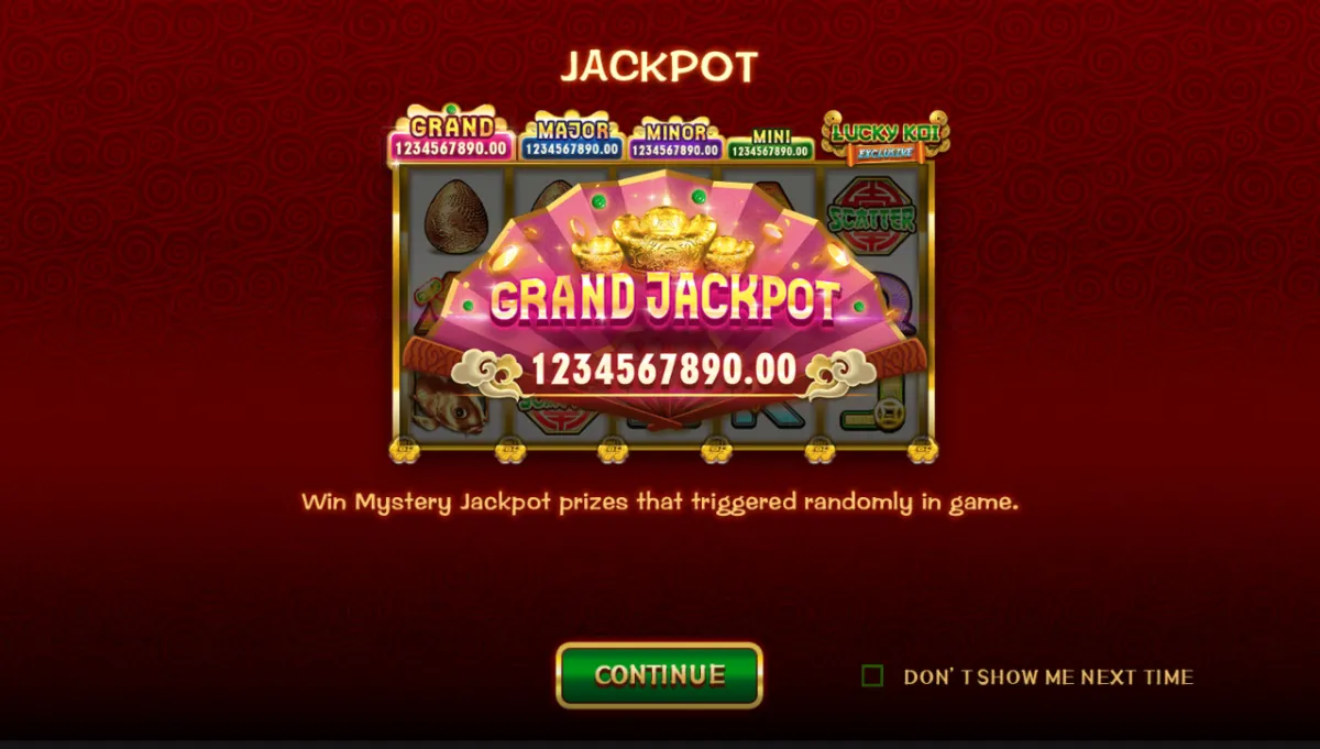 เกม Lucky Koi Exclusive พร้อมสัญลักษณ์ปลาคราฟ เหรียญทอง และตัวคูณรางวัล