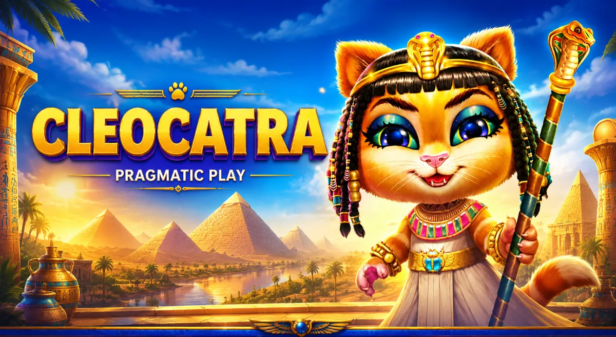 ภาพปกเกม Cleocatra Pragmatic Play ธีมแมวคลีโอพัตราและพีระมิดอียิปต์