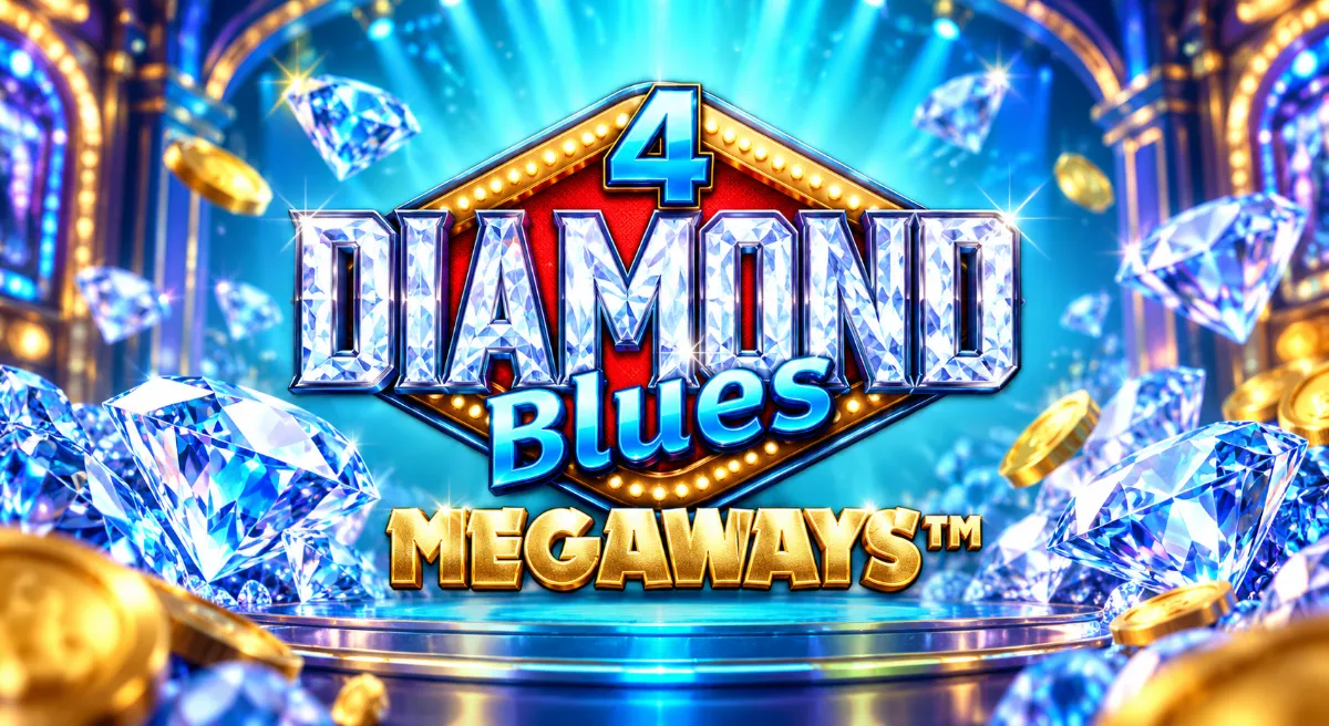 หน้าปกเกม 4 Diamond Blues Megaways พร้อมวงล้อและสัญลักษณ์สไตล์สล็อตคลาสสิก