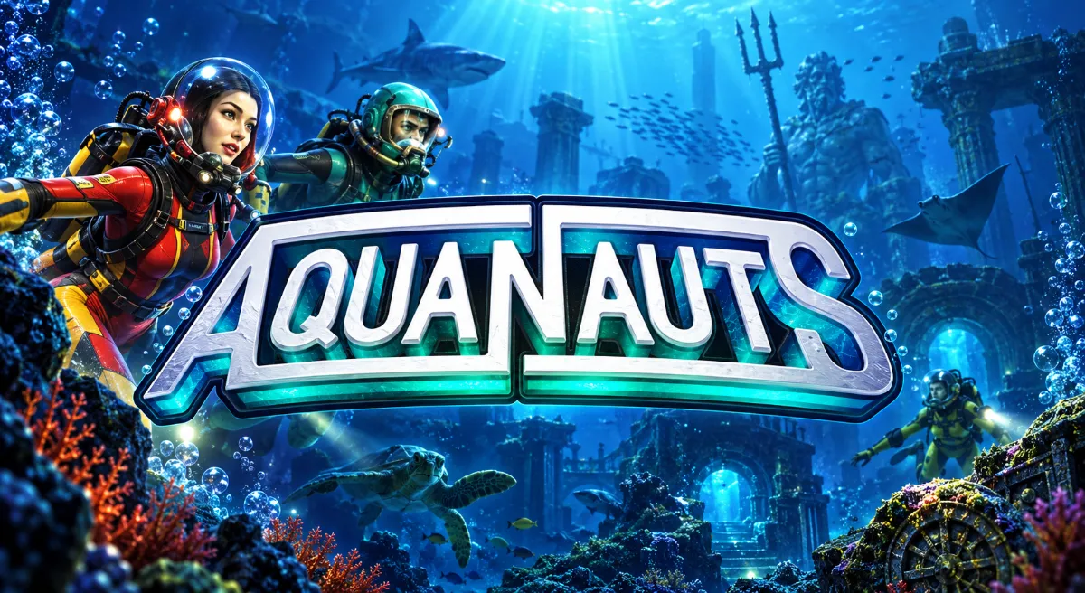 ภาพปกเกม Aquanauts ธีมสำรวจใต้ทะเลพร้อมโลโก้เกมและนักดำน้ำ