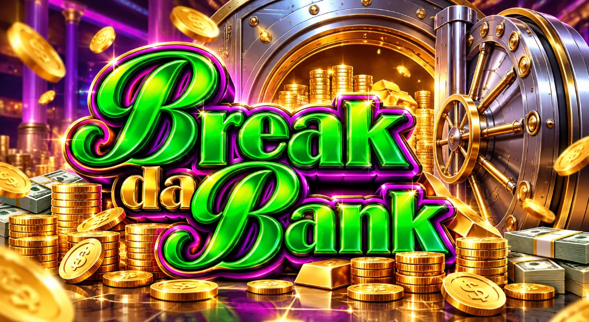 วงล้อสล็อต Break da Bank พร้อมสัญลักษณ์เงินและ BAR ในธีมธนาคาร