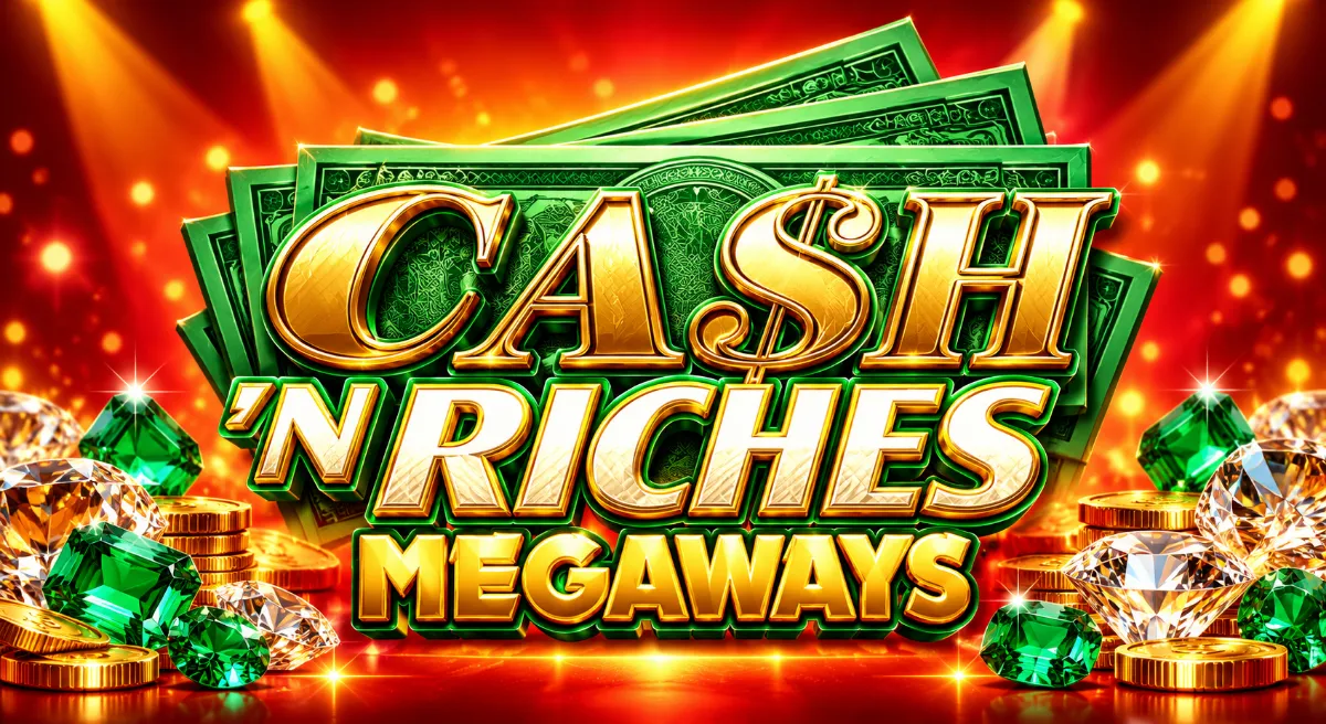 ภาพปก Cash 'N Riches Megaways ตัวอักษรสีทองบนธนบัตรสีเขียว พร้อมเพชรและเหรียญทองบนพื้นหลังแดง