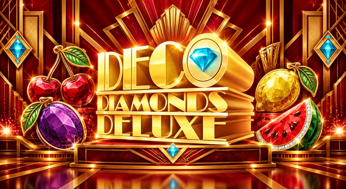 ภาพปก Deco Diamonds Deluxe โลโก้สีทองบนฉากแดง ประดับเพชรฟ้าและสัญลักษณ์ผลไม้