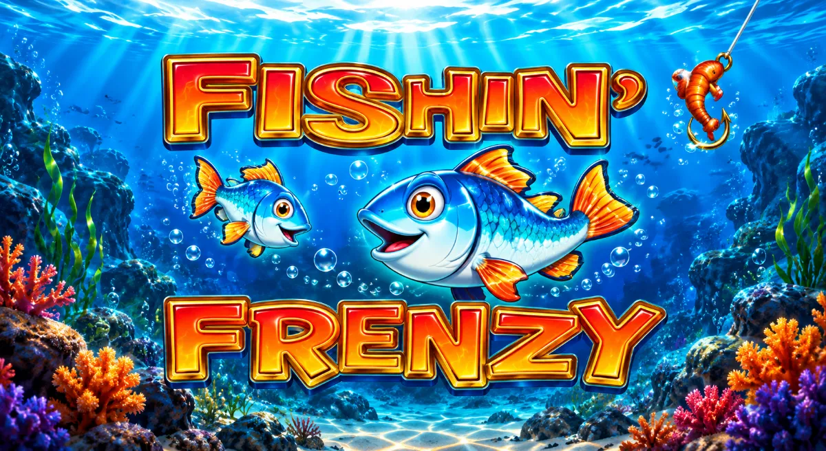 ภาพปก Fishin’ Frenzy มีปลาสีน้ำเงินใต้ทะเลและชื่อเกมสีทอง