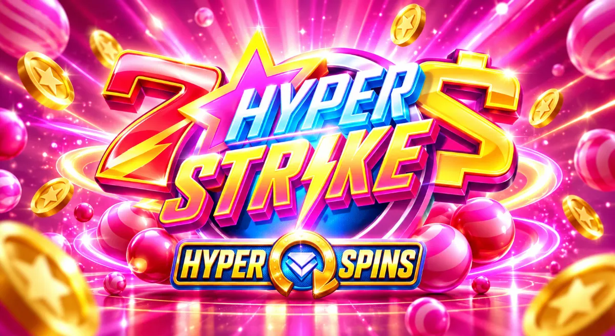 วงล้อเกมสล็อต Hyper Strike HyperSpins พร้อมสัญลักษณ์ผลไม้และเลข 7