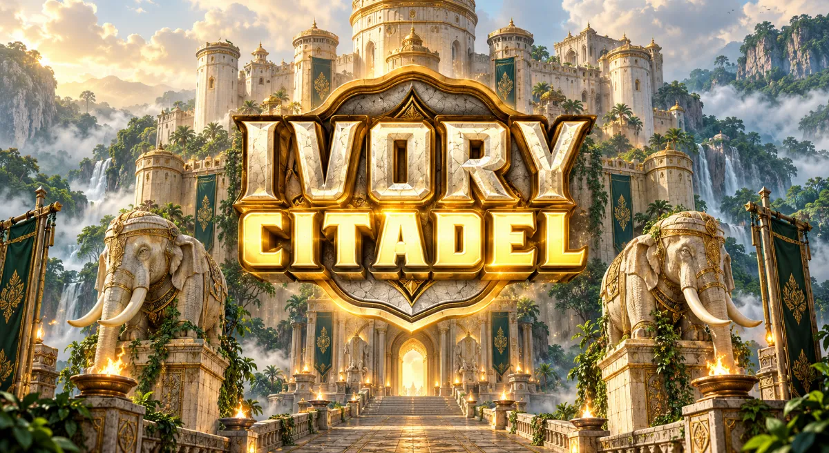 ภาพปก Ivory Citadel โลโก้สีทองหน้าปราสาทกลางป่า พร้อมรูปปั้นช้างคู่